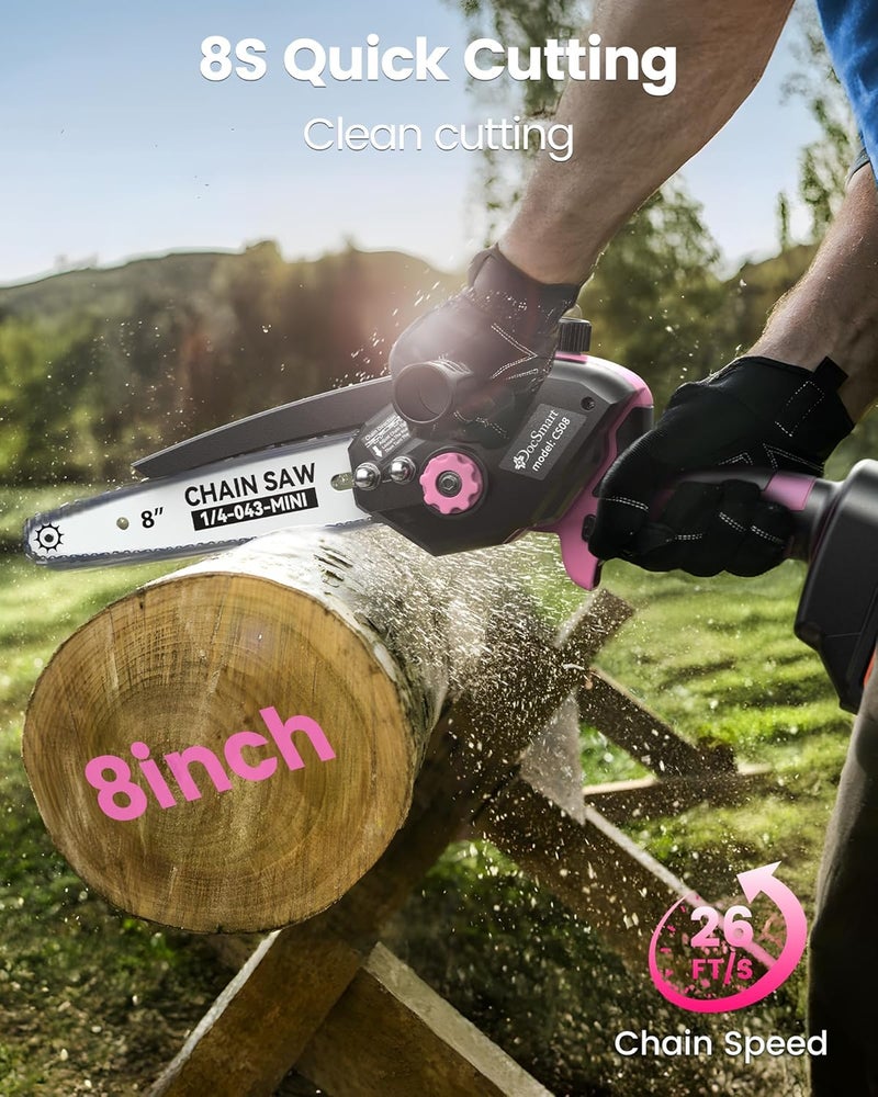 DocSmart Mini Chainsaw Cordless, 8 inch & 6 inch Electric Chain Saw with 2 Pack Rechargeable Batteries, Battery Powered Handheld Saw Men Gifts for Trees Branches Trimming Wood Cutting, Pink - Image 3